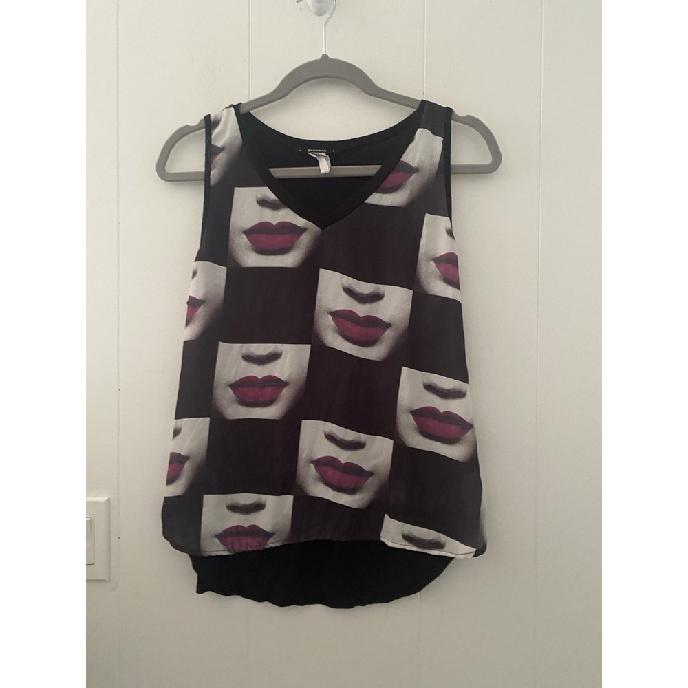 Toska Pop-art Lip Print Tank Top Black Sheer Sz Medium 80's Vibes Valentine's
